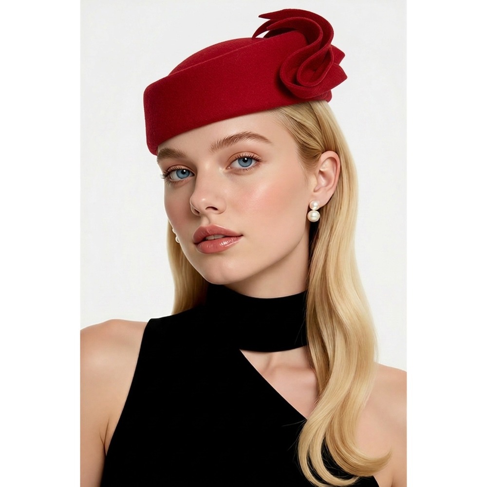 Vintage Merrimac Hat Corp Red Wool Felt Pillbox Hat with Sculptural Bow Accent